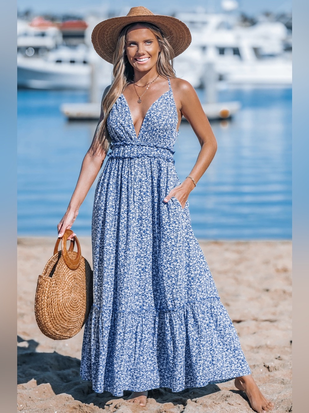 Cupshe Indigo Blooms Plunge Neck Maxi Dress NWT Blue White Size L